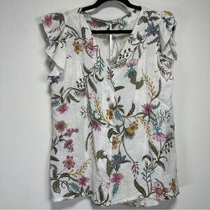 Pistache Floral Linen Button-Front Blouse | Made in Italy | Ruffle Sleeves NWT